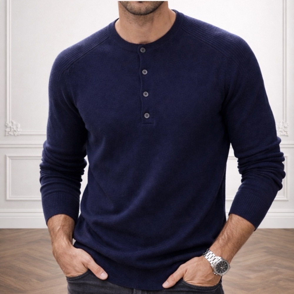 Vince Navy Cashmere Wool Henley Sweater Size Small Ribbed Shoulder Sleeve Detail